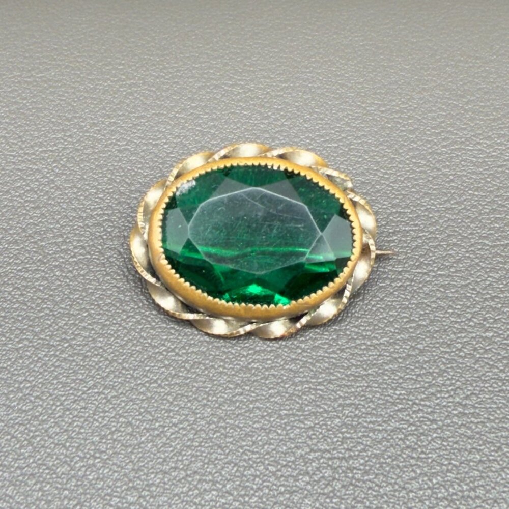 Antique Green Faceted Oval Glass Brass Brooch Pin